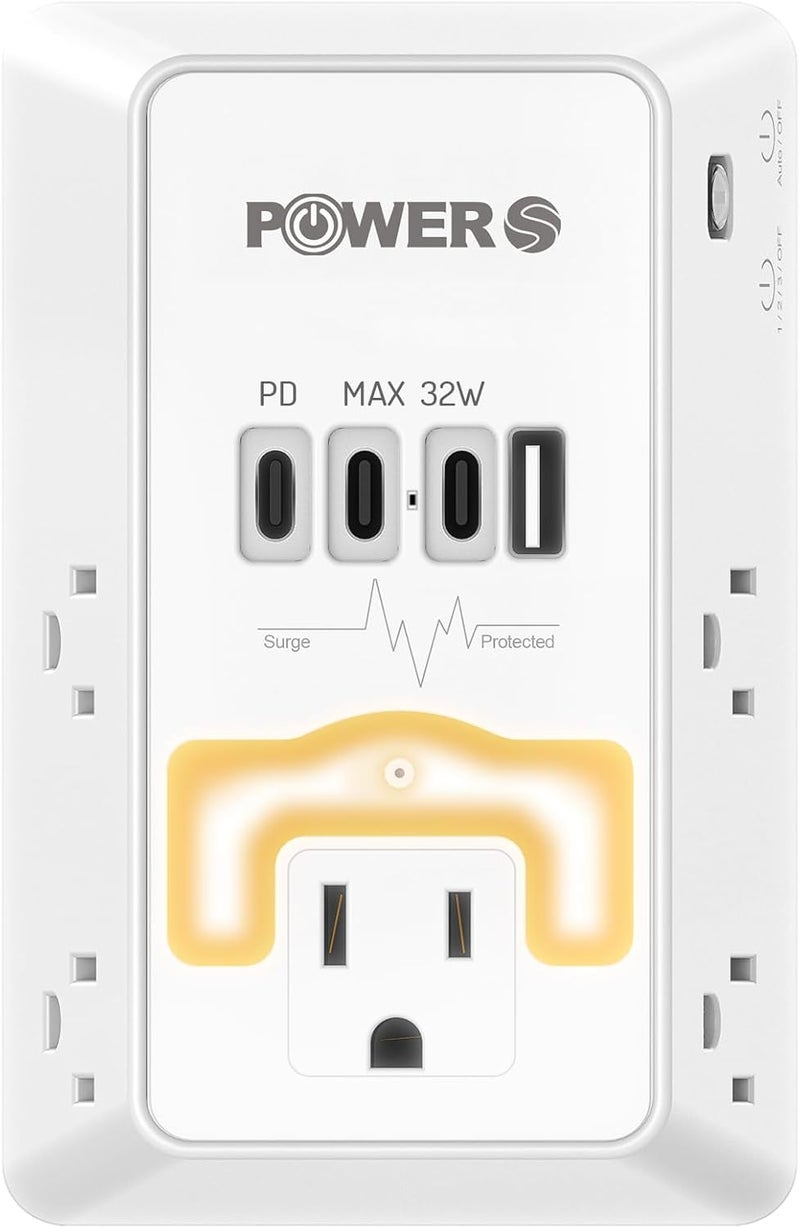 POWERS 20W PD Fast Charging Wall Outlet with USB Ports (3C1A), Electrical Outlet Extender with Night Light, Surge Protector, Wall Plug Adapter for Multiple Devices, Wall Socket Expander - Image 1